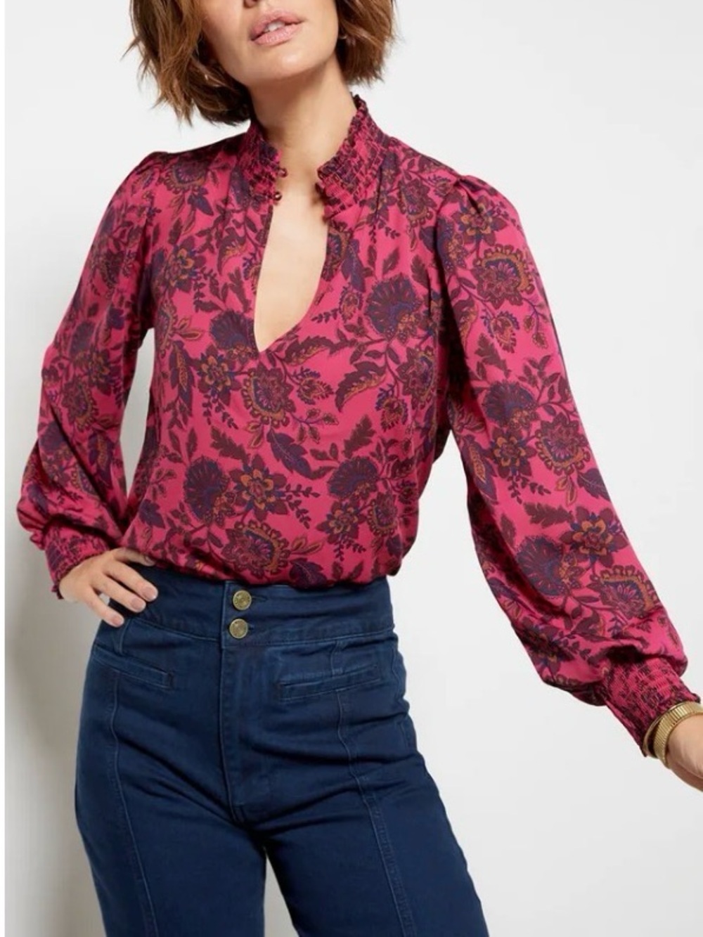 Evereve - Kelsea Smock Neck Floral Print Long Sleeve Keyhole Blouse Size Small